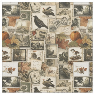 Tecido Colagem de Ephemera de outono de Vintage   Aves Ru