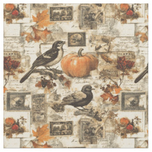 Tecido Colagem de Ephemera de outono de Vintage Aves Ru