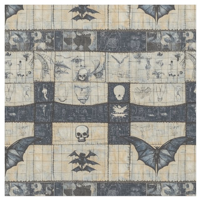 Tecido Colagem de Jeans com Caveira Gótica e Morcego (Detalhe)