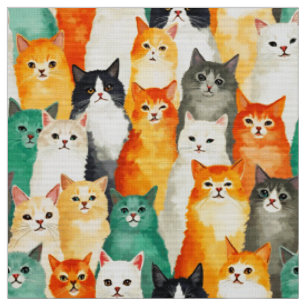 Tecido Colagem do Padrão de Gatos de Aquarela