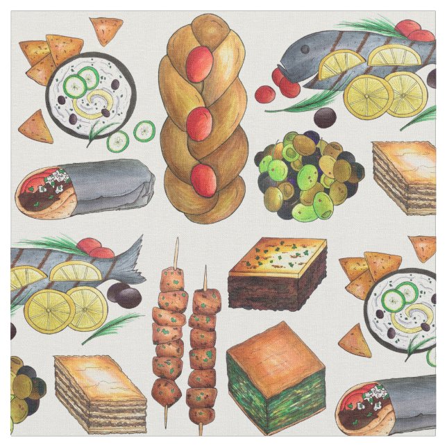 Tecido Comida grega do Mediterrâneo Gyro Tzatziki Baklava (Detalhe)
