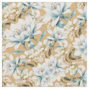 Tecido Cor d'água botânica, azul, branco, amarelo, lírio 