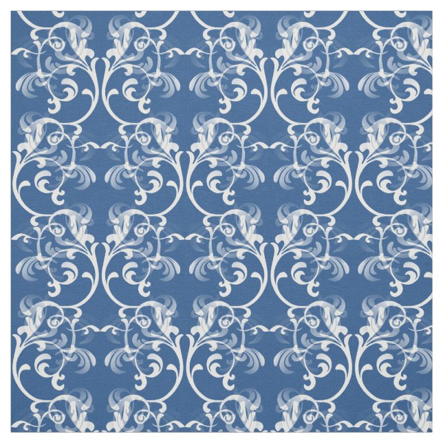 Tecido Cor damasco azul-parisiense branco (Modelo)