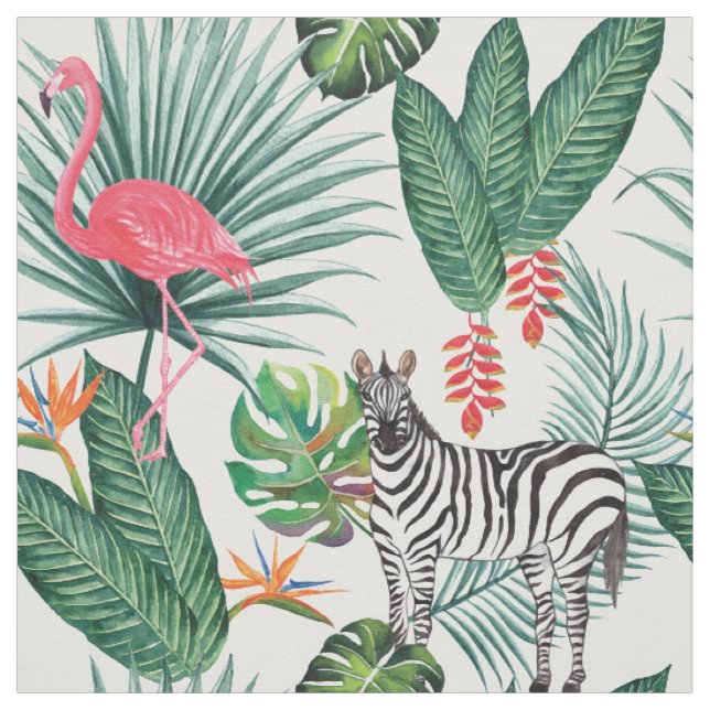 Tecido Cor das folhas tropicais do flamingo moderno (Modelo)