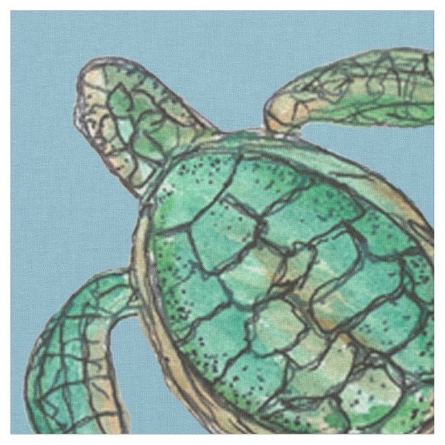 Tecido Cor-de-água - Tartaruga de desenho azul (Detalhe)