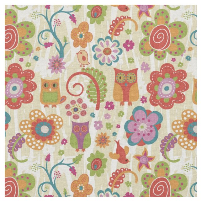 Tecido Cor floral e coruja (Detalhe)