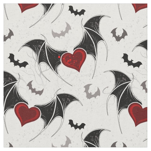 Tecido Coração de Halloween com asas de morcegos pretos (Detalhe)