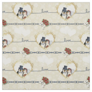 Tecido Corações De Casamento De Pinguins Em Beige
