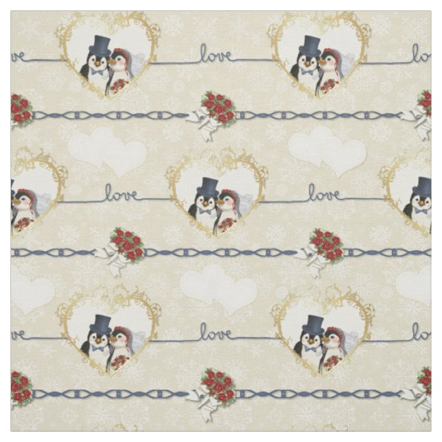 Tecido Corações De Casamento De Pinguins Em Beige (Modelo)