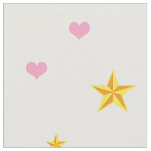 Tecido Corações Rosa Espalhados e Estrelas Amarelas Ouros