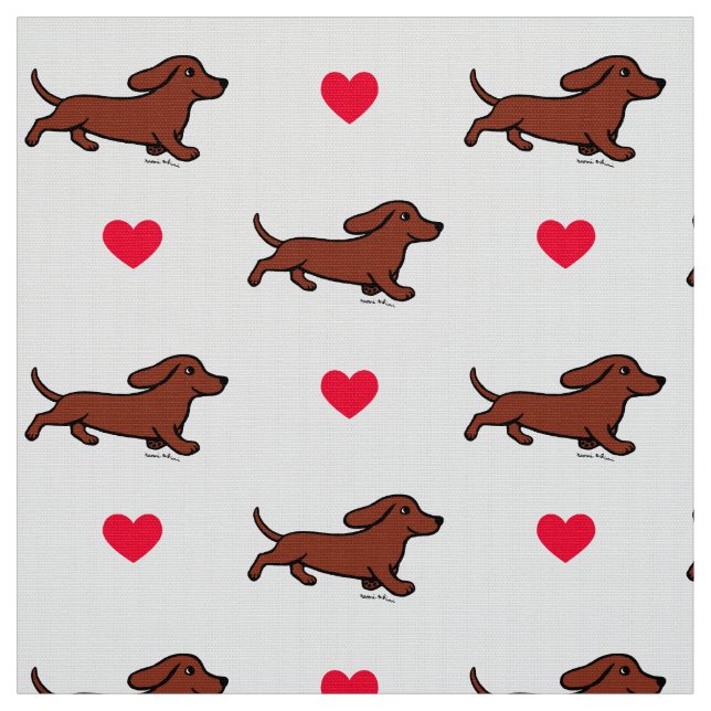 Tecido Corações Running do Dachshund liso vermelho (Modelo)