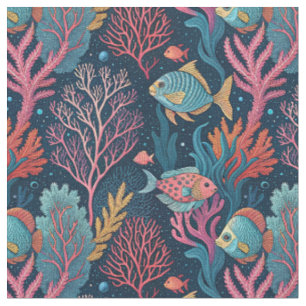 Tecido Coral e Peixes Subaquáticos - Padrão Aquático do O