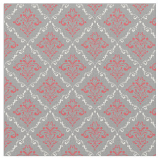 Tecido Coral Red e Cream Damask na Cinza Prateada