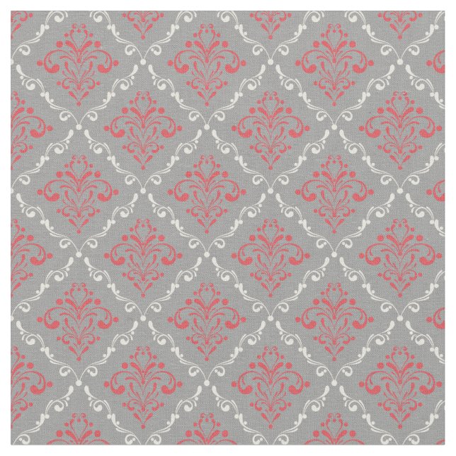 Tecido Coral Red e Cream Damask na Cinza Prateada (Detalhe)