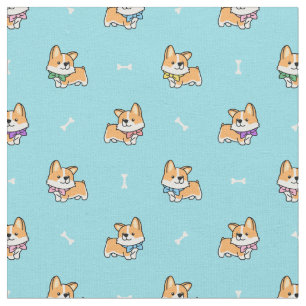 Tecido Corgi-Cachorro Puppy Padrão Bebê Azul com Ossos-