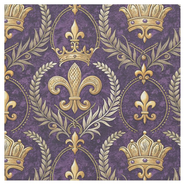 Tecido Coroa Dourada Fleur-de-lis Estampa de Padrão Roxo  (Detalhe)