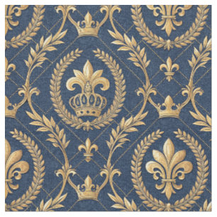 Tecido Coroa Dourada Real Azul Veludo Luxo Padrão Damask