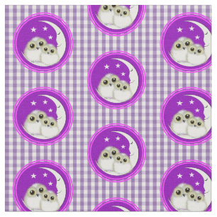 Tecido Coruja Branca Bonita Xadrez Gingham Branco Roxo
