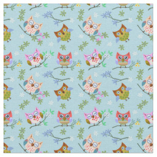Tecido Corujas Adoráveis em Fundo Azul