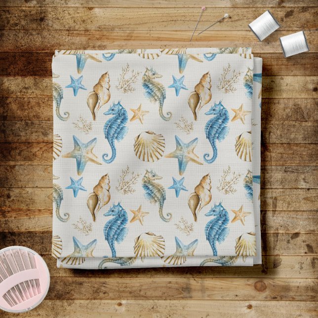 Tecido Costeira, Conchas, Cavalos-marinhos e Padrão de St (Coastal Seashells Seahorses and Starfish Pattern Fabric -- Chose from 7 types of fabric!)