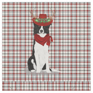 Tecido Country Christmas Border Collie e Western Xadrez