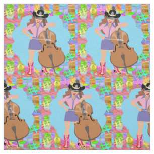 Tecido Country Western Singing Cowgirl Bass Guitar Fiddle