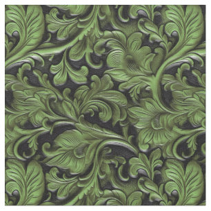 Tecido Couro floral verde chic preto trabalhado