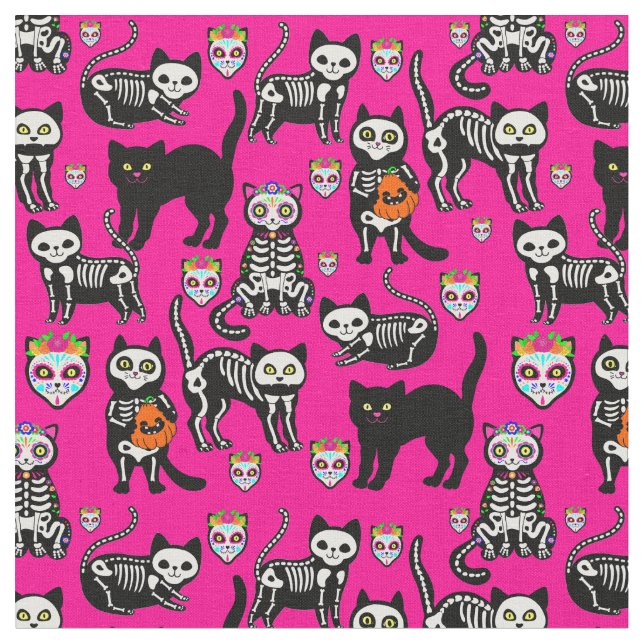 Tecido crânio de gato de halloween rosa (Detalhe)
