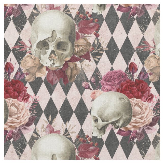 Tecido Crânios brancos e Rosas claro achatados (Detalhe)