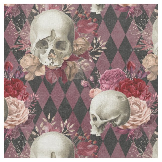 Tecido Crânios Brancos Florais e Rosa Escuro Verificados (Detalhe)