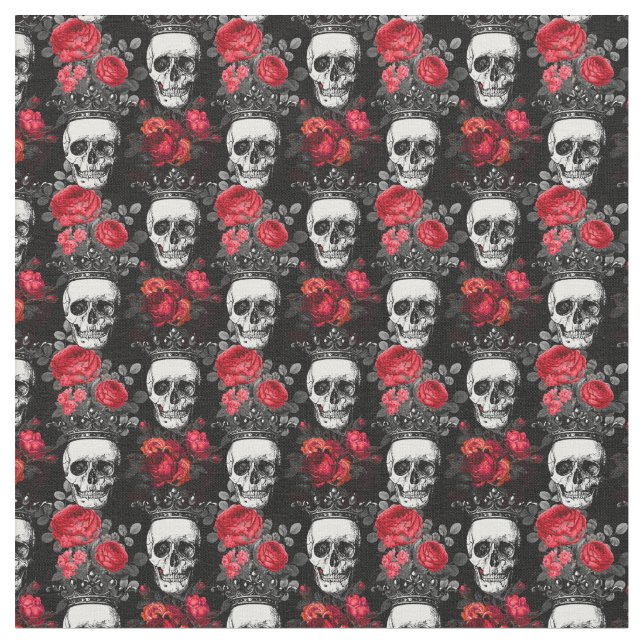 Tecido Crânios coroas e rosas vermelhas desbotadas em pre (Detalhe)