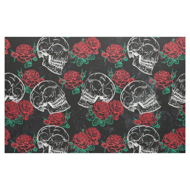Tecido Crânios e Rosas vermelhas | Grelha Gótica Moderna (Jarda)
