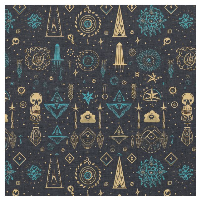 Tecido Create Your Own Blue & Gold Magic Symbols Black (Detalhe)