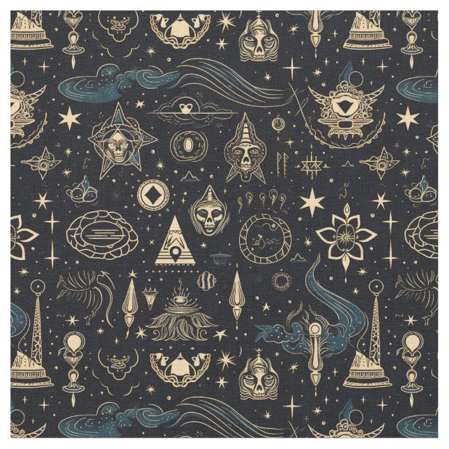 Tecido Create Your Own Blue & Gold Pagan Symbols Black (Detalhe)