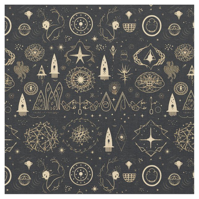 Tecido Create Your Own Gold Pagan Symbols Black (Detalhe)