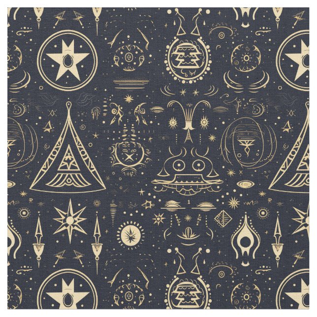 Tecido Create Your Own Gold Tribal Pagan Symbols Black (Detalhe)