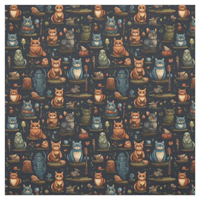 Tecido Create Your Own Kooky Wild Owls Rabbits Cats Black (Modelo)