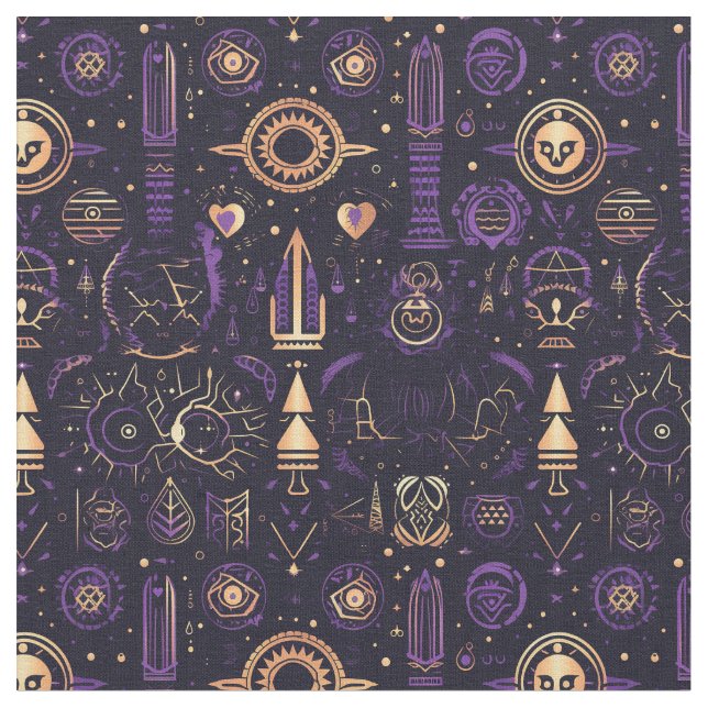 Tecido Create Your Own Purple & Gold Sacred Symbols Black (Detalhe)