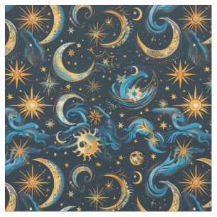 Tecido Crie sua própria lua e estrelas azul e Dourada do 