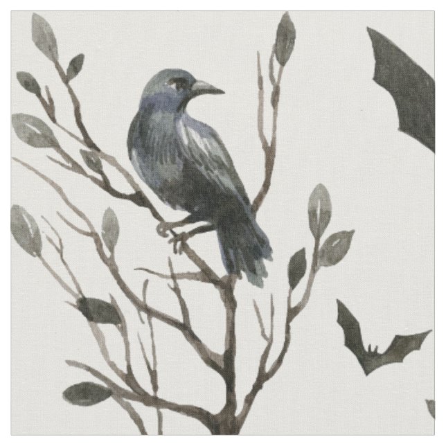 Tecido Crows Bats do Dia das Bruxas - Cor Branca e Preta (Detalhe)