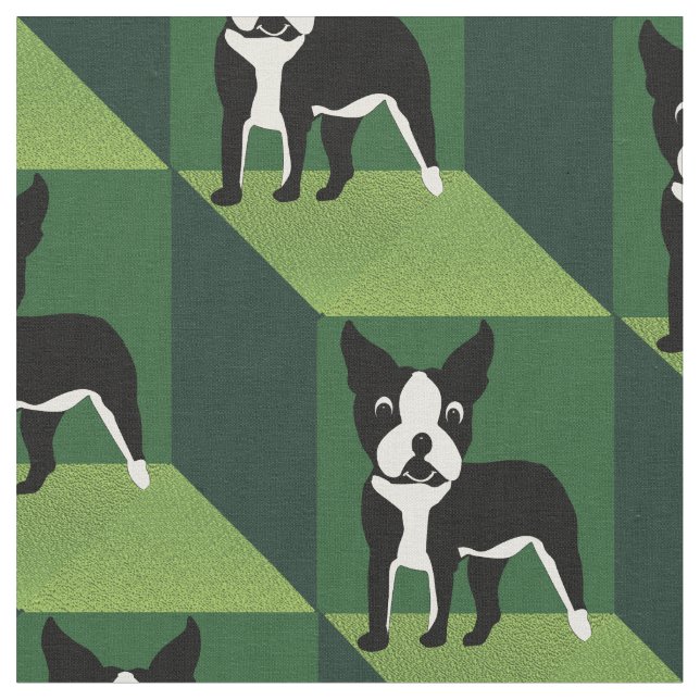 Tecido Curioso Boston Terrier em Cubos Verdes (Detalhe)