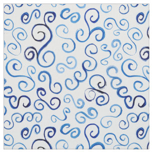 Tecido Curvas abstratas da aguarela do azul prussiano