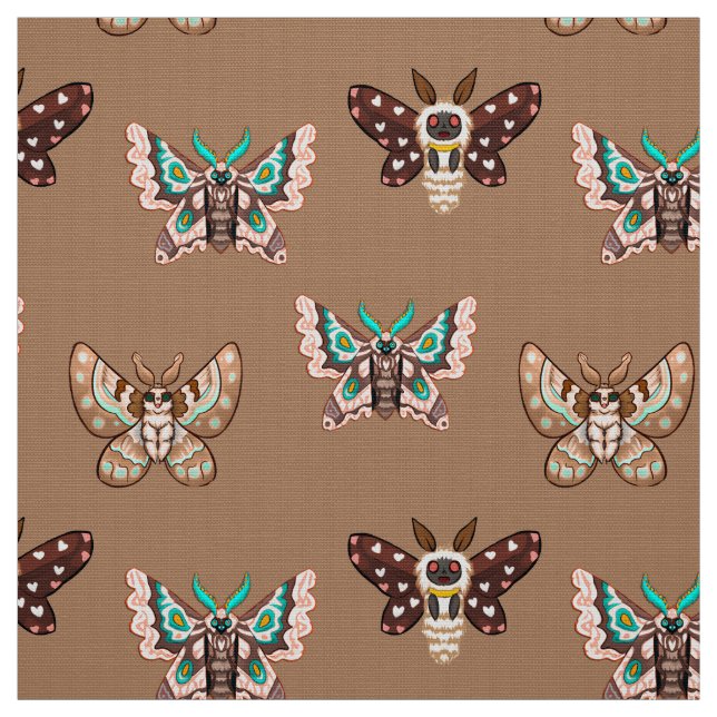 Tecido Cute Kawaii Chibi Moths em Café Tan (Modelo)