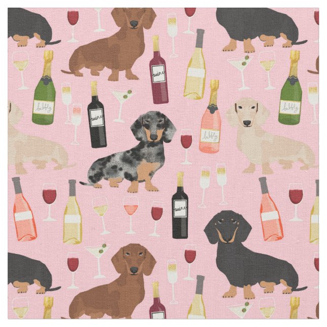 Tecido Dachshund, cães, amante de vinho, rosa (Detalhe)