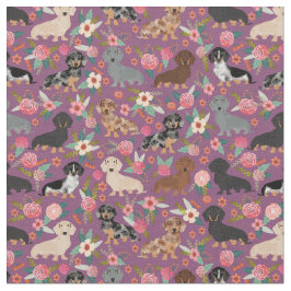 Tecido Dachshund Dogs vintage florals beringela