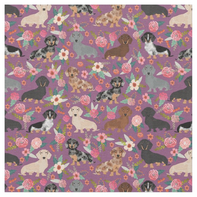 Tecido Dachshund Dogs vintage florals beringela (Detalhe)