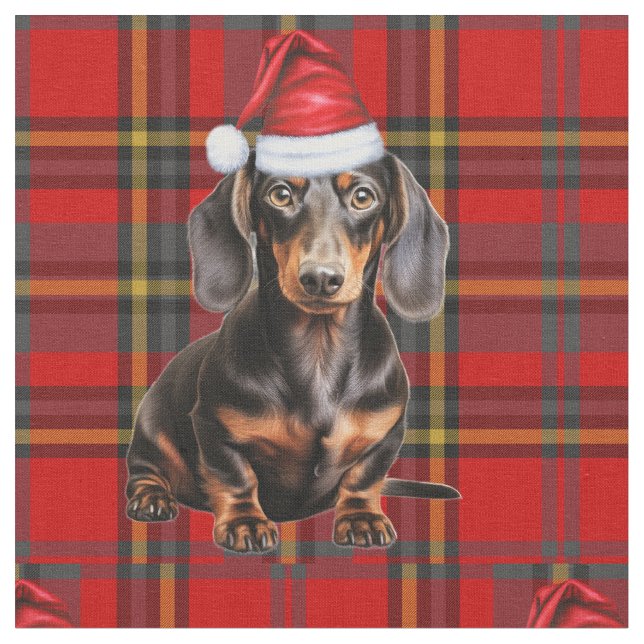 Tecido Dachshund with a Red Green Plaid Holiday Fabric (Detalhe)
