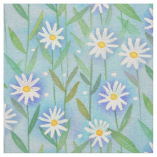Tecido Daisy Floral Branco Azul Aqua