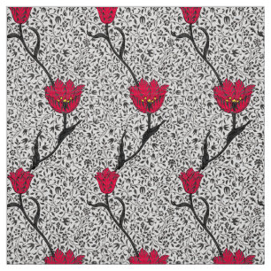 Tecido Damasco, cinza e vermelho da tulipa de Nouveau da