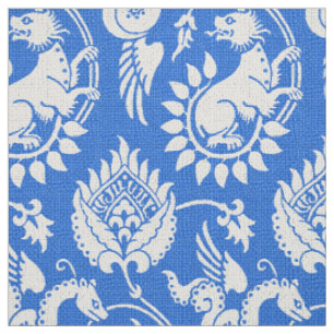 Tecido Damasco com Serpentes Alas, Branco em Azul Médio